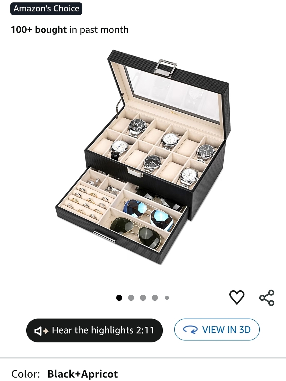 Black Watch and Accessory Organizer Box with Apricot Interior